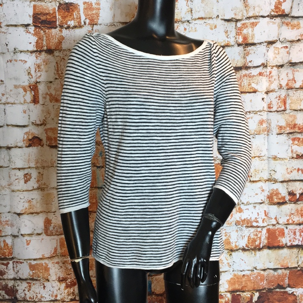 Eileen Fisher Boat Neck White and Grey Striped Top